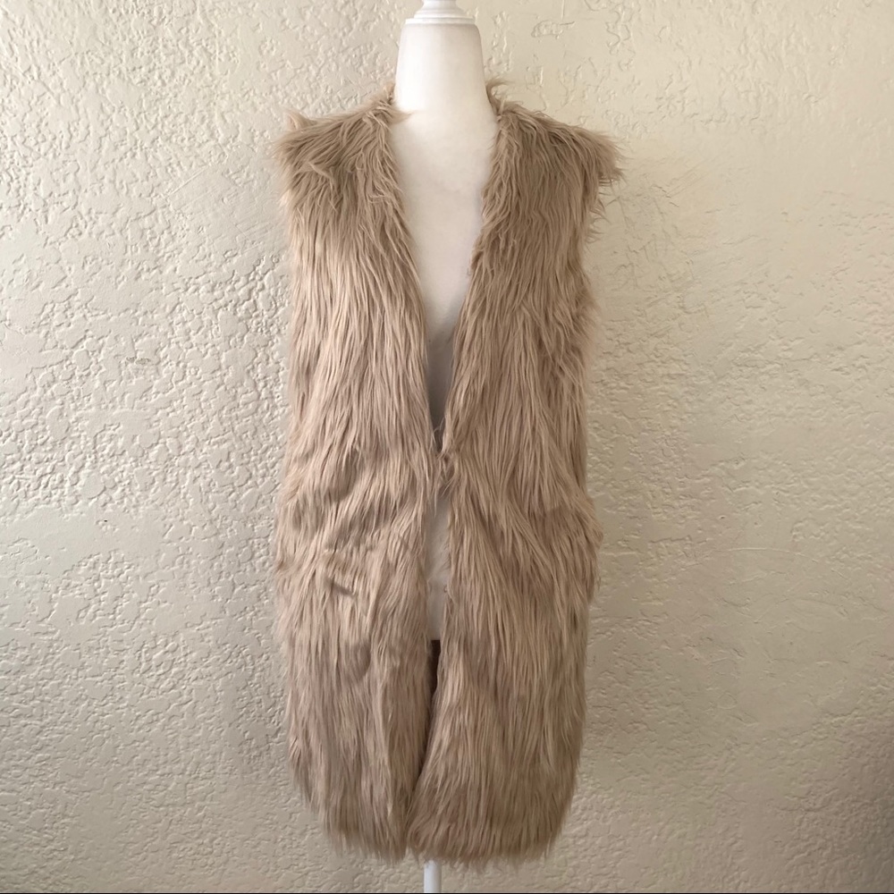 Ro&De Faux Fur Long Line Vest Coat in Beige
